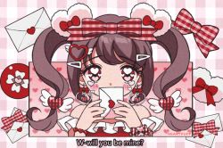 Rule 34 | 1990s (style), 1girl, artist name, bow, brown hair, covered mouth, earrings, english text, envelope, film grain, hair ornament, hairclip, heart, holding, holding envelope, jewelry, long hair, looking at viewer, off shoulder, original, parody, pikiru, plaid, plaid bow, red bow, red eyes, retro artstyle, solo, style parody, subtitled, twintails, upper body, valentine