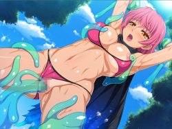 Rule 34 | 1girl, armpits, arms up, bikini, bikini top only, blush, breasts, cape, censored, covered erect nipples, game cg, groin, hormone koijirou, large breasts, legs, monster, mosaic censoring, navel, nipple stimulation, nipple tweak, nipples, open mouth, outdoors, pink hair, pussy, rankou!! yarimakuri online, restrained, short hair, sky, solo focus, standing, sweat, swimsuit, tan, tanline, tentacle sex, tentacles, thighs, thong, vaginal, yellow eyes