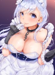 Rule 34 | 1girl, apron, azur lane, belfast (azur lane), braid, breasts, chain, cleavage, collar, collarbone, commentary request, finger to mouth, french braid, frilled apron, frills, gauntlets, gloves, large breasts, lips, maid, maid apron, maid headdress, ricca55, solo, white apron, white gloves, white hair