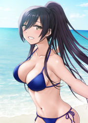 Rule 34 | :d, bare arms, bare shoulders, beach, bikini, black hair, blue bikini, blue sky, blush, breasts, cleavage, cloud, collarbone, ear piercing, groin, hair between eyes, halterneck, hashi, high ponytail, highres, horizon, idolmaster, idolmaster shiny colors, long hair, looking at viewer, medium breasts, navel, ocean, open mouth, outdoors, outstretched arms, piercing, ponytail, shirase sakuya, side-tie bikini bottom, skindentation, sky, smile, solo, spread arms, string bikini, swimsuit, water, yellow eyes