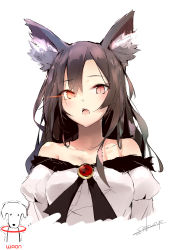Rule 34 | 1girl, absurdres, animal ear fluff, animal ears, artist name, bare shoulders, blush, breasts, brooch, brown hair, commentary request, cropped torso, dated, dress, hair between eyes, highres, imaizumi kagerou, jewelry, juliet sleeves, long hair, long sleeves, looking at viewer, medium breasts, off-shoulder dress, off shoulder, open mouth, puffy sleeves, red eyes, sakusyo, signature, simple background, solo, touhou, upper body, white background, white dress, wolf ears