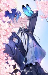 Rule 34 | 1boy, absurdres, belt, black jacket, black pants, black ribbon, blue butterfly, blue eyes, blue hair, bug, butterfly, cherry blossoms, collared shirt, commentary, cowboy shot, digital media player, earphones, falling petals, from side, gekkoukan high school uniform, hair between eyes, hand up, headphones, headphones around neck, highres, insect, jacket, long sleeves, looking up, male focus, neck ribbon, open clothes, open jacket, pants, parted lips, persona, persona 3, persona 3 reload, petals, ribbon, school uniform, shirt, short hair, solo, tk (tksnim), twitter username, white shirt, yuuki makoto (persona 3)
