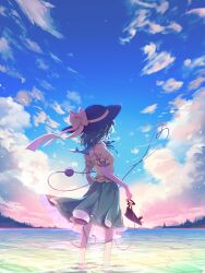Rule 34 | 1girl, absurdres, black hat, blue sky, bow, cloud, commentary request, from behind, green hair, green skirt, hat, hat bow, heart, heart of string, highres, horizon, komeiji koishi, outdoors, shirt, short hair, short sleeves, skirt, sky, solo, tami (joemanyodw), third eye, touhou, wading, yellow bow, yellow shirt