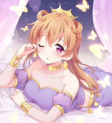 Rule 34 | 1girl, :o, artist name, artist request, bed, blush, bracelet, breasts, brown hair, bug, butterfly, butterfly (love live!), choker, cleavage, clothing cutout, collarbone, cropped shirt, crown, curtains, detached sleeves, double bun, dress, dress shirt, earrings, female focus, gold bracelet, hair between eyes, hair bun, hair rings, harem outfit, highres, insect, jewelry, konoe kanata, long hair, looking at viewer, love live!, love live! nijigasaki high school idol club, love live! school idol festival, medium breasts, navel, on bed, one eye closed, orange butterfly, parted lips, puffy short sleeves, puffy sleeves, purple curtains, purple eyes, purple shirt, purple shorts, shirt, short sleeves, shorts, shoulder cutout, smile, solo, sparkle, two side up, yellow bracelet, yellow choker