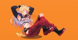 Rule 34 | 1girl, absurdres, animal ears, armpits, arms behind head, arms up, black footwear, black gloves, blonde hair, boots, breasts, cellphone, closed mouth, crop top, dog ears, dog girl, dog tail, earphones, fingerless gloves, gloves, highres, hip vent, kadiel, kmnz, knee cutout, knees up, long hair, long sleeves, looking at viewer, mc lita, medium breasts, midriff, multicolored hair, navel, one eye closed, pants, phone, purple eyes, red pants, shirt, shrug (clothing), sitting, sleeveless, sleeveless shirt, smartphone, smile, solo, stomach, streaked hair, sweat, tail, tongue, tongue out, two-tone hair, virtual youtuber, white shirt