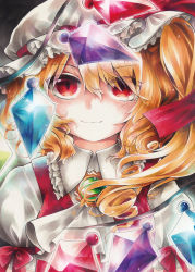 Rule 34 | 1girl, absurdres, black background, blonde hair, brooch, commentary request, crystal, eyes visible through hair, flandre scarlet, hair between eyes, hat, hat ribbon, highres, jewelry, light smile, looking at viewer, maa (forsythia1729), marker (medium), mob cap, puffy short sleeves, puffy sleeves, red eyes, red vest, ribbon, shirt, short sleeves, side ponytail, simple background, solo, touhou, traditional media, upper body, vest, white hat, white shirt, wings