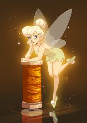 Rule 34 | 1girl, artist name, backless dress, backless outfit, bare shoulders, bent over, blonde hair, blue eyes, blush, collarbone, dress, fairy, fairy wings, full body, green dress, green footwear, hand on own face, highres, looking to the side, maria dresden, no bra, no socks, peter pan (disney), pointy ears, reflection, reflective floor, sleeveless, sleeveless dress, slippers, smile, solo, sparkle, spool, strapless, strapless dress, thighs, thimble, thread, tinker bell (disney), updo, wings