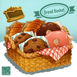 Rule 34 | basket, bread, chocolate chip cookie, cookie, doughnut, food, food focus, highres, no humans, original, pastry, picnic basket, still life, yuki00yo