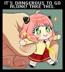 Rule 34 | 1girl, :&gt;, ahoge, anya (spy x family), black footwear, blush, chibi, child, commentary request, english text, green background, holding, jacket, meme, mimo (amimo0805), nintendo, outline, red skirt, skirt, smile, solo focus, sparkle, spy x family, the legend of zelda, the legend of zelda (nes), white outline