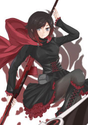Rule 34 | 1girl, absurdres, boots, corset, highres, holding, holding weapon, ruby rose, rwby, scythe, short hair, grey eyes, weapon
