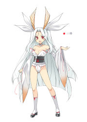 Rule 34 | 1girl, :d, amatsumagatsuchi, bow, color guide, detached sleeves, full body, hair bow, hand up, highleg, horns, japanese clothes, kimono, long hair, long sleeves, looking at viewer, monster hunter (series), obi, ohta yuichi, open mouth, parted bangs, personification, platform footwear, red eyes, sandals, sash, simple background, smile, solo, standing, tabi, very long hair, white background, white bow, white hair, white legwear, wide sleeves