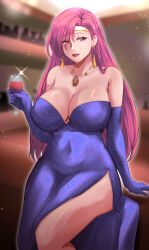 Rule 34 | 1girl, alternate costume, breasts, brunnya (fire emblem), cleavage, dress, earrings, fire emblem, fire emblem: the binding blade, glass, heart, highres, jewelry, large breasts, lipstick, long glove, long hair, makeup, nintendo, pink eyes, pink hair, purple eyes, purple hair, rinku bny, solo, sparkle, tagme, wide hips