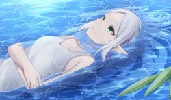 Rule 34 | 1girl, bare shoulders, breasts, commentary request, crossed arms, dress, drop earrings, earrings, floating, frieren, green eyes, highres, jewelry, leaf, long hair, parted bangs, parted lips, partially submerged, pointy ears, pton uca09, small breasts, solo, sousou no frieren, water, white dress, white hair