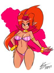 Rule 34 | 1girl, armlet, bad id, bad tumblr id, bangle, bare shoulders, big hair, bigdead, bikini, bracelet, breasts, choker, cleavage, cowboy shot, cropped legs, dark skin, dark-skinned female, din, eyebrows, hand on own hip, highres, jewelry, large breasts, long hair, lots of jewelry, navel, nintendo, pointy ears, ponytail, red hair, solo, strapless, swimsuit, the legend of zelda, the legend of zelda: oracle of seasons