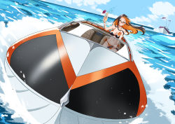 Rule 34 | 1girl, absurdres, alcohol, bikini, black hair, boat, breasts, cleavage, cloud, cocktail umbrella, commission, day, driving, glasses, highres, holding, horizon, large breasts, long hair, looking at viewer, monero-chan, multicolored hair, navel, ocean, orange bikini, orange eyes, orange hair, original, outdoors, sairamgtz, second-party source, sky, smile, solo, standing, swimsuit, two-tone hair, vehicle focus, water, watercraft, wide shot