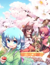 Rule 34 | 3girls, :d, = =, animal ear fluff, animal ears, arms up, bento, black shirt, blanket, blue eyes, blue hair, blue sky, blush, boned meat, brooch, brown hair, bucket, cape, cherry blossoms, closed eyes, cloud, commentary request, cup, day, dress, drill hair, drunk, fang, fins, floral print, food, grass, grass root youkai network, green kimono, hair ribbon, hanami, head fins, highres, holding, holding cup, holding food, imaizumi kagerou, in bucket, in container, in water, isu (is88), japanese clothes, jewelry, kappamaki, kimono, layered dress, long hair, looking at another, looking at viewer, makizushi, meat, mermaid, monster girl, multiple girls, obi, on ground, open mouth, outdoors, partially submerged, petals, petals on liquid, pouring, red cape, red hair, red skirt, ribbon, sakazuki, sash, sekibanki, shawl, shirt, short hair, sitting, skirt, sky, smile, squeans, sushi, tail, tokkuri, touhou, tree, wakasagihime, wariza, wolf ears, wolf tail, yokozuwari
