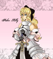 Rule 34 | 1girl, armor, artoria pendragon (all), artoria pendragon (fate), blind, blonde hair, blue eyes, bow, caliburn (fate), character name, cosplay, excalibur (fate/stay night), fate (series), flower, gauntlets, hair between eyes, half updo, hands on hilt, katawa shoujo, kyuubiness, long hair, name connection, pink background, saber (fate), saber (fate) (cosplay), saber lily, saber lily (cosplay), satou lilly, solo, sword, weapon