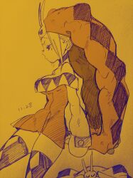 Rule 34 | 1girl, breasts, cerebella (skullgirls), cowboy shot, dated, ekubo (ciaobero), from side, hat, large breasts, skirt, skullgirls, solo, thick thighs, thighhighs, thighs, traditional media, vice-versa (skullgirls), yellow background