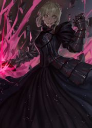Rule 34 | 1girl, arm at side, armor, artoria pendragon (all), artoria pendragon (fate), black dress, blonde hair, breastplate, clenched teeth, commentary request, corruption, dark, dress, energy, evil grin, evil smile, excalibur morgan (fate), fate/stay night, fate (series), faulds, gauntlets, glowing, glowing weapon, grin, hair bun, hand up, highres, holding, holding sword, holding weapon, juliet sleeves, light particles, long dress, long sleeves, looking at viewer, outstretched arm, peperon (peperou), pleated dress, puffy sleeves, saber alter, shards, short hair, sidelocks, single hair bun, smile, solo, sword, teeth, thorns, weapon, yellow eyes