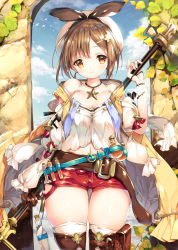 Rule 34 | 1girl, atelier (series), atelier ryza, atelier ryza 1, belt, blush, breasts, brown eyes, brown hair, brown thighhighs, cleavage, closed mouth, commentary request, hair ornament, hairclip, hat, highres, holding, holding staff, jewelry, large breasts, looking at viewer, medium breasts, navel, necklace, red shorts, reisalin stout, shimesaba kohada, short hair, short shorts, shorts, smile, solo, staff, star (symbol), thigh gap, thighhighs, thighs, white hat, white thighhighs, wide hips