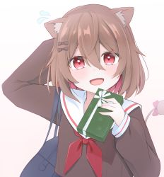 Rule 34 | 1girl, absurdres, akanegasaki reo, animal ears, arm behind head, bag, blush, bow, brown hair, chocolate, cottage project, food, hair between eyes, highres, holding, holding chocolate, holding food, lion ears, lion girl, lion tail, long sleeves, looking at viewer, makiurath, open mouth, red eyes, school uniform, serafuku, short hair, shoulder bag, solo, sweatdrop, tail, tail bow, tail ornament, upper body, virtual youtuber, white background