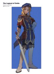 Rule 34 | 1boy, :|, absurdres, artist name, black shirt, blonde hair, blue eyes, blue hat, blue tabard, boots, buckle, closed mouth, copyright name, costume request, full body, gloves, hat, highres, holding, holding sword, holding weapon, link, long sleeves, looking at viewer, male focus, master sword, nintendo, red shirt, shirt, short hair with long locks, solo, standing, sword, tabard, the legend of zelda, triforce, weapon, white footwear, white gloves, yuno 11 02