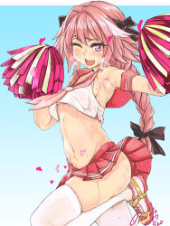 Rule 34 | 1boy, :d, adapted uniform, aqua background, armpits, ass, astolfo (fate), astolfo (sailor paladin) (fate), bare arms, bare shoulders, black bow, blush, bow, braid, breath, cheerleader, collarbone, commentary request, cowboy shot, crop top, crop top overhang, dated, detached sleeves, eyelashes, fang, fate/apocrypha, fate/grand order, fate (series), gradient background, groin, hair bow, hair intakes, hands up, heart, heart-shaped pupils, leg up, long hair, looking at viewer, male focus, midriff, miniskirt, multicolored hair, navel, neckerchief, official alternate costume, one eye closed, open mouth, ozawa reido, pink hair, pink neckerchief, pleated skirt, pom pom (cheerleading), purple eyes, red sailor collar, red skirt, sailor collar, school uniform, serafuku, shirt, shoes, signature, single braid, skindentation, skirt, sleeveless, sleeveless shirt, smile, sneakers, solo, standing, standing on one leg, stomach, streaked hair, sweat, symbol-shaped pupils, thighhighs, trap, very long hair, white hair, white shirt, white thighhighs