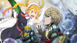 Rule 34 | 10s, 1boy, 1girl, attack, black sclera, blonde hair, breasts, bubble, colored sclera, crossover, cyborg, dragon girl, dragon horns, dragon tail, draw-till-death, earrings, elbow gloves, electricity, fangs, fork, genos, gloves, gradient eyes, hair between eyes, highres, horns, jewelry, kobayashi-san chi no maidragon, long hair, maid headdress, multicolored eyes, necktie, one-punch man, plate, profile, puffy short sleeves, puffy sleeves, red eyes, scales, short hair, short sleeves, slit pupils, sparkle, sponge, tail, third-party edit, tohru (maidragon), twintails, yellow eyes