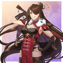 Rule 34 | 1girl, :d, armpits, beidou (genshin impact), black gloves, black hair, breasts, chinese clothes, cleavage, commentary request, elbow gloves, eyepatch, fingerless gloves, genshin impact, gloves, grin, hair ornament, hand on own hip, highres, karanashi mari, long hair, looking at viewer, open mouth, over shoulder, parted bangs, red eyes, side slit, sidelocks, sleeveless, smile, solo, weapon, weapon over shoulder