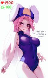 Rule 34 | 1girl, absurdres, animal ears, breasts, commentary, covered navel, crush crush, english commentary, english text, hat, heattech leotard, highres, large breasts, leotard, long hair, looking at viewer, meme, mur (crush crush), murmoruno, open mouth, original, parted bangs, pink eyes, pink hair, purple leotard, rabbit ears, solo, sweat, turtleneck, twitter strip game (meme), two-tone headwear
