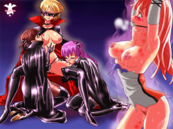 Rule 34 | 4girls, ball gag, biting, blood, blood sucking, breasts, cape, corruption, fangs, gag, hayato, large breasts, multiple girls, pubic hair, thighhighs, torn clothes, transformation, vampire