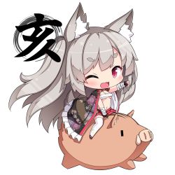 Rule 34 | 1girl, ;d, animal, animal ear fluff, animal ears, azur lane, bandaged arm, bandages, black gloves, black kimono, blush, boar, breasts, chibi, chinese zodiac, collar, collarbone, commentary request, fang, fingerless gloves, floral print, gloves, grey hair, highres, japanese clothes, kimono, long hair, medium breasts, navel, new year, one eye closed, one side up, open clothes, open kimono, open mouth, outstretched arm, pleated skirt, pointing, print kimono, print thighhighs, red collar, red eyes, red skirt, revision, riding, sarashi, sasakura momiji, short eyebrows, simple background, skirt, smile, solo, tail, thick eyebrows, thighhighs, unmoving pattern, v-shaped eyebrows, very long hair, white background, white thighhighs, wolf ears, wolf girl, wolf tail, year of the pig, yuudachi (azur lane), yuudachi (shogun of snowballs) (azur lane)