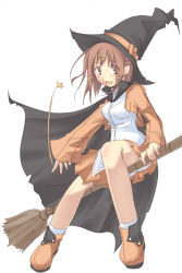 Rule 34 | 1girl, broom, broom riding, brown eyes, brown hair, eyes visible through hair, hair ornament, hairclip, hat, ninokawa magamo, sidesaddle, simple background, solo, white background, witch, witch hat