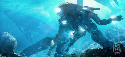Rule 34 | blue theme, dated, dofresh, highres, mecha, original, robot, scenery, science fiction, signature, underwater