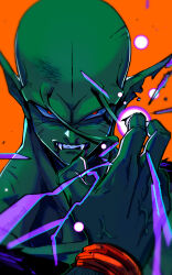 Rule 34 | 1boy, angry, antennae, colored skin, dragon ball, fangs, green skin, highres, kokusoji, looking at viewer, male focus, namekian, notched ear, orange background, piccolo, pointy ears, red eyes, simple background, solo, upper body, veins, wristband