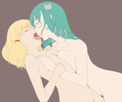 Rule 34 | 2girls, asymmetrical docking, asymmetrical hair, blonde hair, blunt bangs, breast press, breasts, brown background, closed eyes, collarbone, flat chest, flat color, french kiss, frog hair ornament, green hair, hair ornament, hair ribbon, hand on another&#039;s chest, hand on another&#039;s shoulder, incest, kiss, kochiya sanae, long hair, medium breasts, moriya suwako, multiple girls, mutsumura ryuuichi, nude, open mouth, out-of-frame censoring, red ribbon, ribbon, simple background, snake hair ornament, tongue, tongue out, touhou, unfinished, upper body, yuri