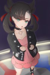 Rule 34 | 1girl, asymmetrical bangs, black choker, black hair, black jacket, black nails, breasts, choker, cleavage, clenched hands, creatures (company), dress, from above, game freak, green eyes, hair ribbon, highres, jacket, looking at viewer, marnie (pokemon), nail polish, nintendo, open mouth, pendant choker, pink dress, pokemon, pokemon swsh, red ribbon, ribbon, short dress, small breasts, solo, takahawk333, twintails, two side up, v-shaped eyebrows