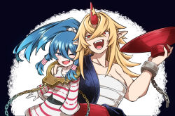 Rule 34 | 2girls, :d, blonde hair, blue eyes, blue hair, blue kimono, breasts, ch00suke, chain, cleavage, commentary request, crossed bangs, cuffs, cup, fang, hair between eyes, hair bobbles, hair ornament, hair tubes, hand on another&#039;s shoulder, high ponytail, highres, holding, holding cup, horns, hoshiguma yuugi, hoshiguma yuugi (kimono), japanese clothes, kimono, long bangs, long hair, looking at viewer, medium breasts, miyadeguchi mizuchi, multiple girls, obi, off shoulder, one eye closed, open mouth, parted bangs, pointy ears, red eyes, red horns, red sash, sakazuki, sarashi, sash, shirt, single horn, skirt, smile, star (symbol), striped clothes, striped shirt, striped skirt, touhou, upper body, white shirt, white skirt