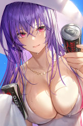 Rule 34 | 1girl, bare shoulders, breasts, can, cleavage, coca-cola, drink can, girls&#039; frontline, hat, highres, holding, jewelry, large breasts, long hair, looking at viewer, necklace, official alternate costume, one-piece swimsuit, purple hair, red eyes, smile, soda can, solo, sun hat, sunlight, swimsuit, upper body, wet, white hat, white one-piece swimsuit, whoisshe, zb-26 (girls&#039; frontline), zb-26 (nook of ephemeral dreams) (girls&#039; frontline)