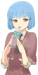 Rule 34 | 1girl, bad id, bad pixiv id, blue hair, bob cut, bottle, bottled water, capelet, close-up, highres, kaito (k4itoh), looking at viewer, necktie, original, product placement, red eyes, smile, solo, upper body, water bottle