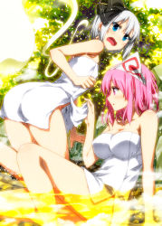 Rule 34 | 2girls, :o, arm at side, ass, assisted exposure, bare arms, bare legs, bare shoulders, bathing, black ribbon, blush, breasts, clothes lift, collarbone, colored eyelashes, floating, frown, ghost, hair ribbon, hairband, highres, hitodama, knee up, kneeling, konpaku youmu, konpaku youmu (ghost), large breasts, leaning forward, lifting another&#039;s clothes, multiple girls, naked towel, onsen, open mouth, partially submerged, peeking, pink eyes, pink hair, profile, ribbon, rock, saigyouji yuyuko, sazanami mio, short hair, silver hair, sitting, steam, tears, thighs, touhou, towel, towel lift, triangular headpiece, water, wavy mouth, white towel, yuri