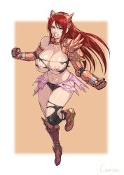 Rule 34 | 1girl, absurdres, armor, artist name, black panties, blood, blood on face, boots, breasts, broken armor, brown footwear, cirenk, clenched hands, clenched teeth, collarbone, commission, curvy, erza scarlet, fairy tail, full body, highres, huge breasts, leg up, long hair, mixed-language commentary, navel, nipples, panties, red eyes, red hair, signature, single thighhigh, solo, standing, stomach, swept bangs, teeth, thighhighs, thighs, torn clothes, torn thighhighs, underwear