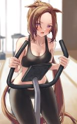 Rule 34 | 1girl, absurdres, animal ears, black pants, black sports bra, breast press, breasts, brown hair, cleavage, collarbone, exercise bike, flower in eye, forehead, gym, hair ornament, hairclip, highres, horse ears, horse girl, horse tail, huziko32, indoors, large breasts, long hair, looking at viewer, midriff, open mouth, pants, purple eyes, sakura bakushin o (umamusume), solo, sports bra, sweat, symbol in eye, tail, tight clothes, tight pants, treadmill, umamusume, yoga pants