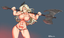 Rule 34 | 1girl, abs, amazon (dragon&#039;s crown), armor, artist name, axe, bikini armor, blaccura, blonde hair, blue background, breasts, circlet, dragon&#039;s crown, feather hair ornament, feathers, gradient background, green eyes, grin, hair ornament, highres, huge breasts, long hair, looking at viewer, muscular, muscular female, navel, polearm, red background, smile, solo, thighs, twitter username, weapon