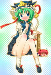Rule 34 | &gt; &lt;, 2girls, blue eyes, blush, bow, chibi, closed eyes, feet, female focus, finger to mouth, green hair, hair bobbles, hair ornament, hat, loafers, michii yuuki, multiple girls, onozuka komachi, open mouth, polka dot, red hair, ribbon, rod of remorse, shiki eiki, shoes, short hair, short twintails, sitting, skirt, socks, sweatdrop, touhou, trample, twintails, two side up
