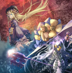 Rule 34 | 2girls, abigail williams (fate), abigail williams (third ascension) (fate), black bow, black dress, black gloves, black hat, black panties, blonde hair, blue eyes, bow, bug, butterfly, cloud, commentary request, dawito, dress, dual persona, elbow gloves, fate/grand order, fate (series), gloves, glowing, glowing eyes, groin, hair bow, hat, hat bow, holding, holding key, holding stuffed toy, insect, key, keyhole, long hair, long sleeves, looking at viewer, looking back, multiple girls, orange bow, oversized object, pale skin, panties, parted bangs, pink eyes, polka dot, polka dot bow, print bow, purple hat, red sky, revealing clothes, sky, sleeves past wrists, star (symbol), star print, stuffed animal, stuffed toy, teddy bear, topless, underwear, very long hair, white hair, witch hat