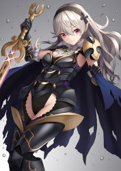 Rule 34 | 1girl, absurdres, armor, armored leotard, armpits, black armor, black gloves, black hairband, black leotard, black thighhighs, blue cape, breasts, cape, cleavage, closed mouth, corrin (female) (fire emblem), corrin (female) (nohr noble) (fire emblem), corrin (fire emblem), elbow gloves, faulds, female focus, fire emblem, fire emblem fates, gloves, gradient background, grey background, groin, hair between eyes, hairband, hako momiji, highres, holding, holding sword, holding weapon, leotard, long hair, looking at viewer, medium breasts, nintendo, no bra, no panties, official alternate costume, pointy ears, red eyes, revealing clothes, shoulder armor, silver hair, small breasts, smile, solo, sword, thighhighs, torn cape, torn clothes, very long hair, water drop, weapon, yato (fire emblem)