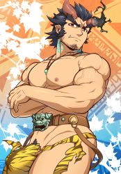 Rule 34 | 1boy, abs, bad id, bad twitter id, bara, blue hair, bulge, cowboy shot, crossed arms, dark blue hair, demon boy, facial hair, fang, fiery horns, highres, horns, jewelry, kuroshinki, large pectorals, long sideburns, looking at viewer, male focus, manly, muscular, nipples, paid reward available, pectorals, red eyes, scar, short hair, sideburns, solo, stubble, takemaru (housamo), thick eyebrows, thick thighs, thighs, tokyo houkago summoners, topless male, torn clothes, upper body, veins