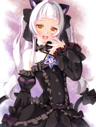Rule 34 | 1girl, animal ears, bare shoulders, black dress, black sleeves, blunt bangs, bow, brooch, cat ears, cat girl, cat tail, center frills, choker, cowboy shot, criss-cross halter, detached sleeves, dress, dress bow, flat chest, frilled choker, frilled dress, frilled ribbon, frills, gothic lolita, hair ribbon, halter dress, halterneck, highres, hololive, jewelry, juliet sleeves, lolita fashion, long hair, long sleeves, looking at viewer, murasaki shion, murasaki shion (gothic lolita), ojou-sama pose, pinstripe dress, pinstripe pattern, puffy sleeves, ribbon, sidelocks, silver hair, sleeveless, sleeveless dress, smile, smug, solo, star (symbol), striped, tail, tail bow, tail ornament, teeth, twintails, upper teeth only, virtual youtuber, wide sleeves, yakatora, yellow eyes