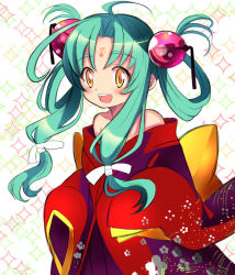 Rule 34 | 1girl, :d, ahoge, aqua hair, brown eyes, floral print, japanese clothes, kimono, long sleeves, looking at viewer, open mouth, original, shiratama shima, sidelocks, smile, solo, upper body, wide sleeves